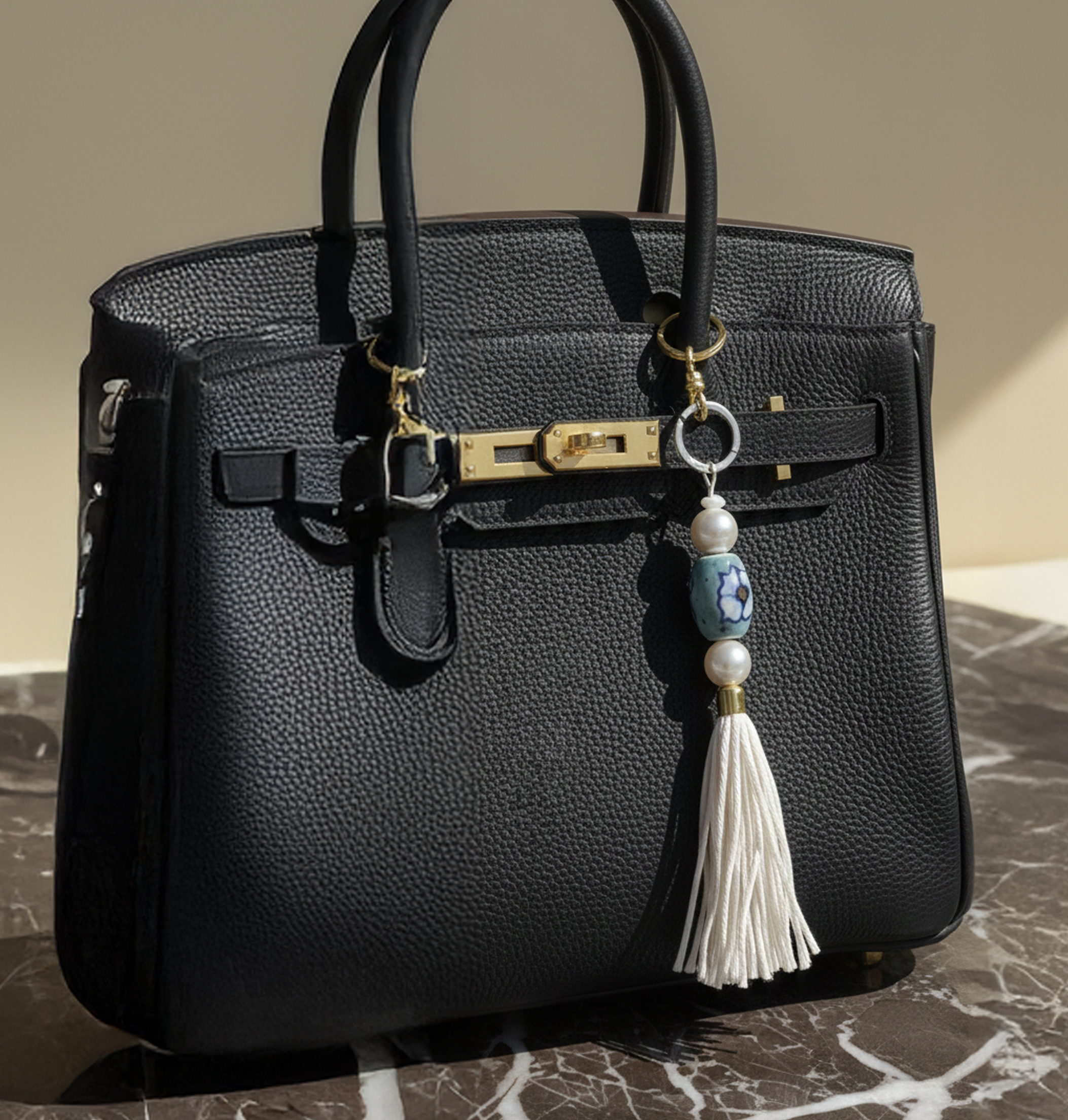 Blue Hand-Painted Ceramic Pearl Keychain