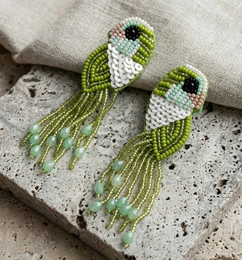 Emerald Parrot Beaded Earrings 🦜