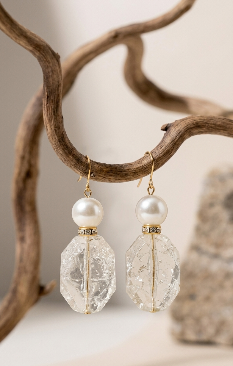 Pearl and clear stone earrings hanging on a branch with a neutral background