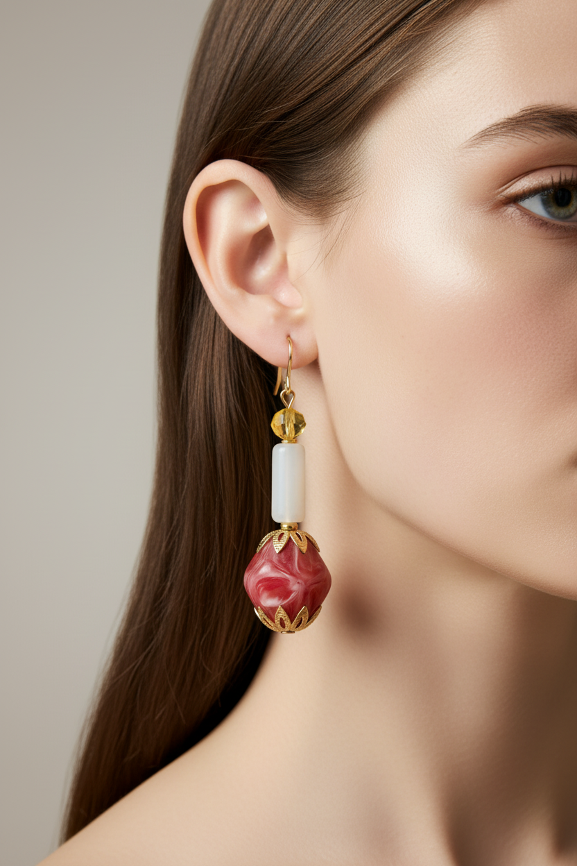 Pair of earrings with pink and white beads on a light background