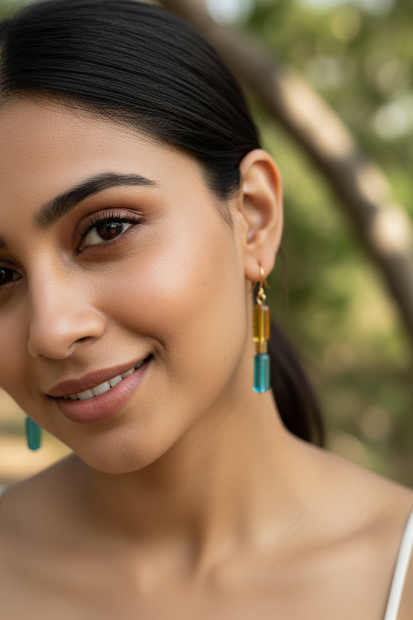 Close-up of a woman wearing earrings with a blurred natural background